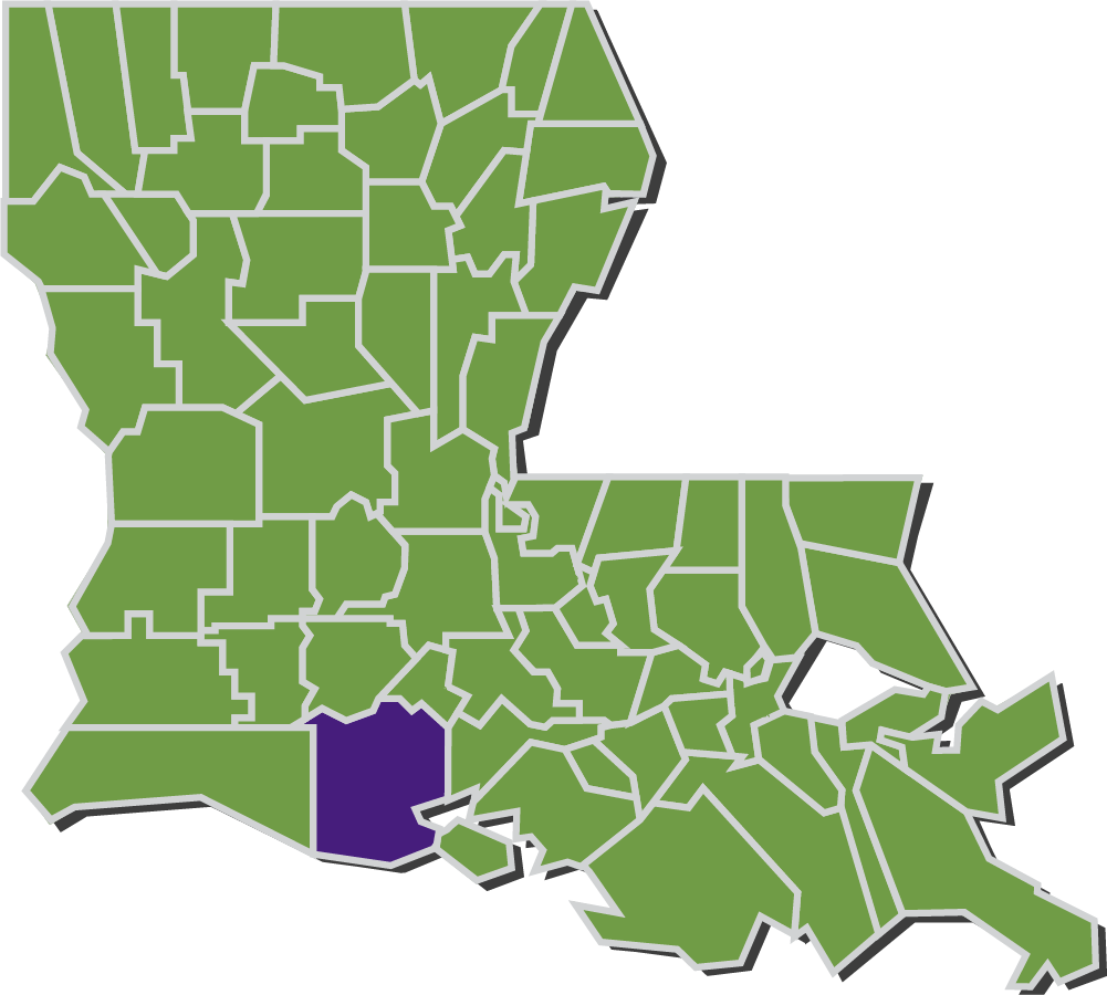 Map of Louisiana parishes with Vermilion parish highlighted in purple.